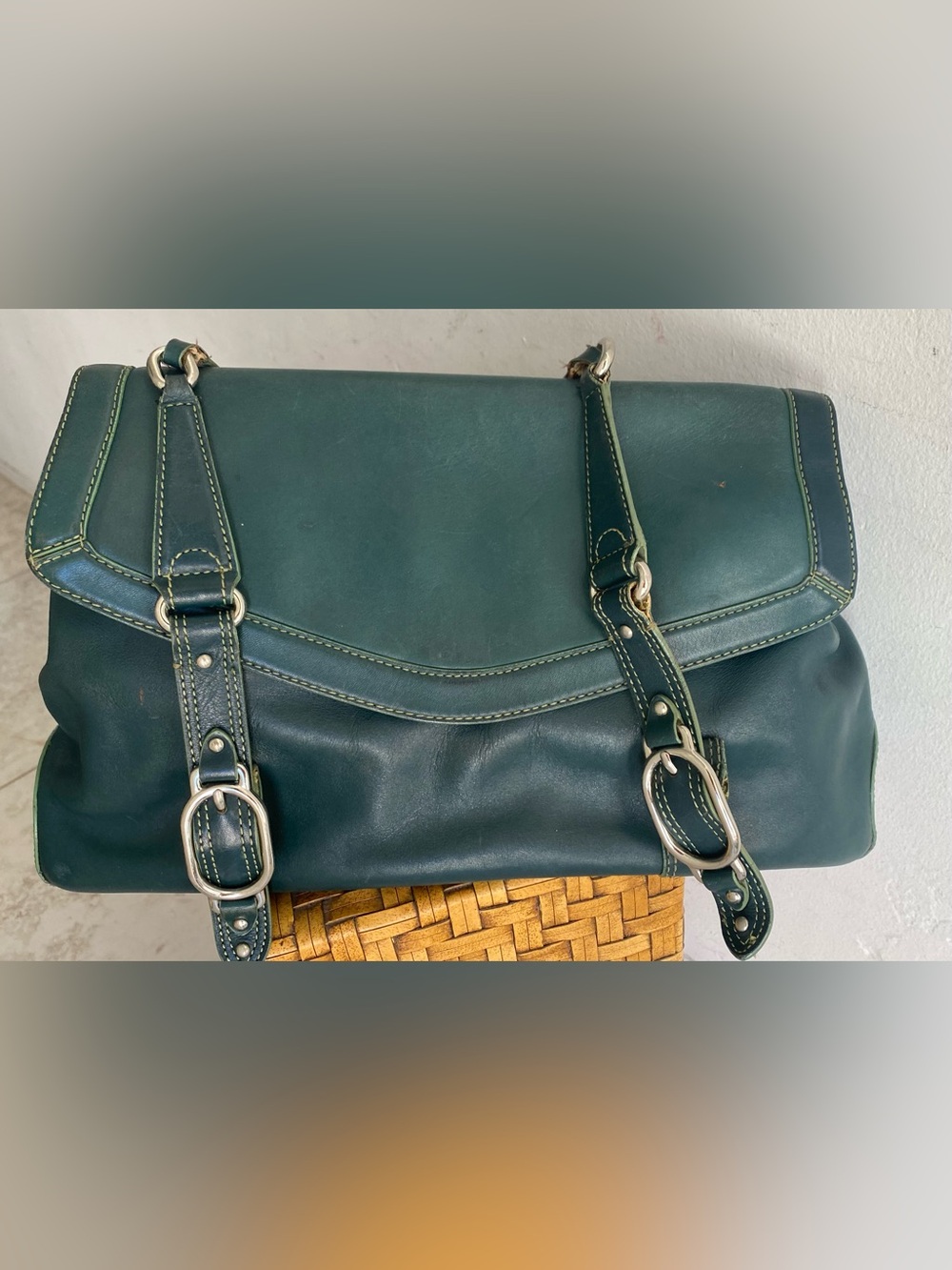 Cole Haan Green Leather Shoulder Bag with Buckle Straps